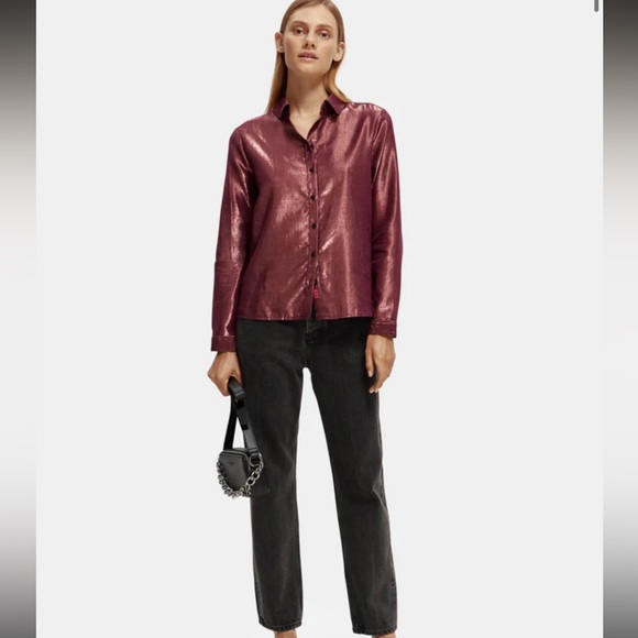 Scotch & Soda Cotton/Lurex Regular Fit Button Down Shirt in Aubergine. - Picture 9 of 13